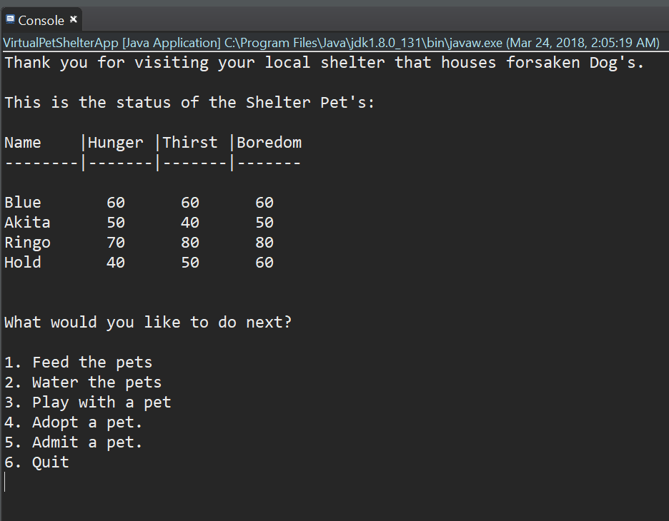 Virtual Pet Shelter Project